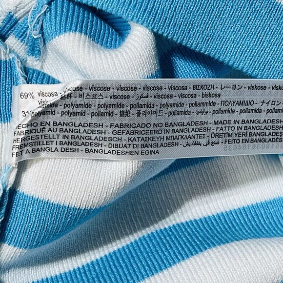 Zara Medium Cropped Top Striped Square Neck Knit Stretch Short Sleeve Teal Blue - Picture 6 of 6